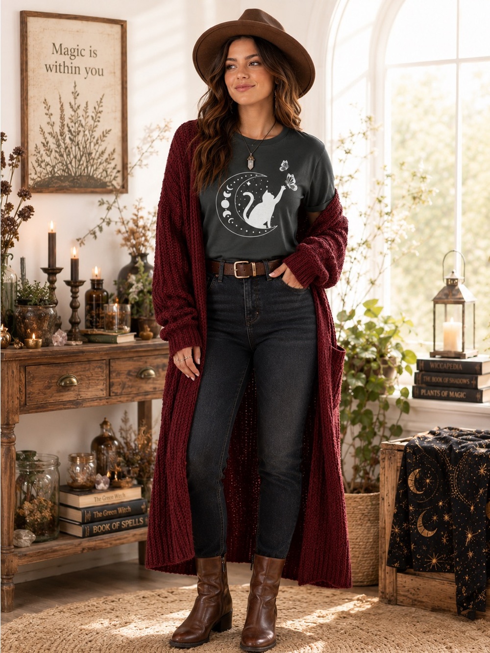 Witchy Cat Moon Phases Graphic Gray Boho Goth Cottagecore Shirt Women’s Medium